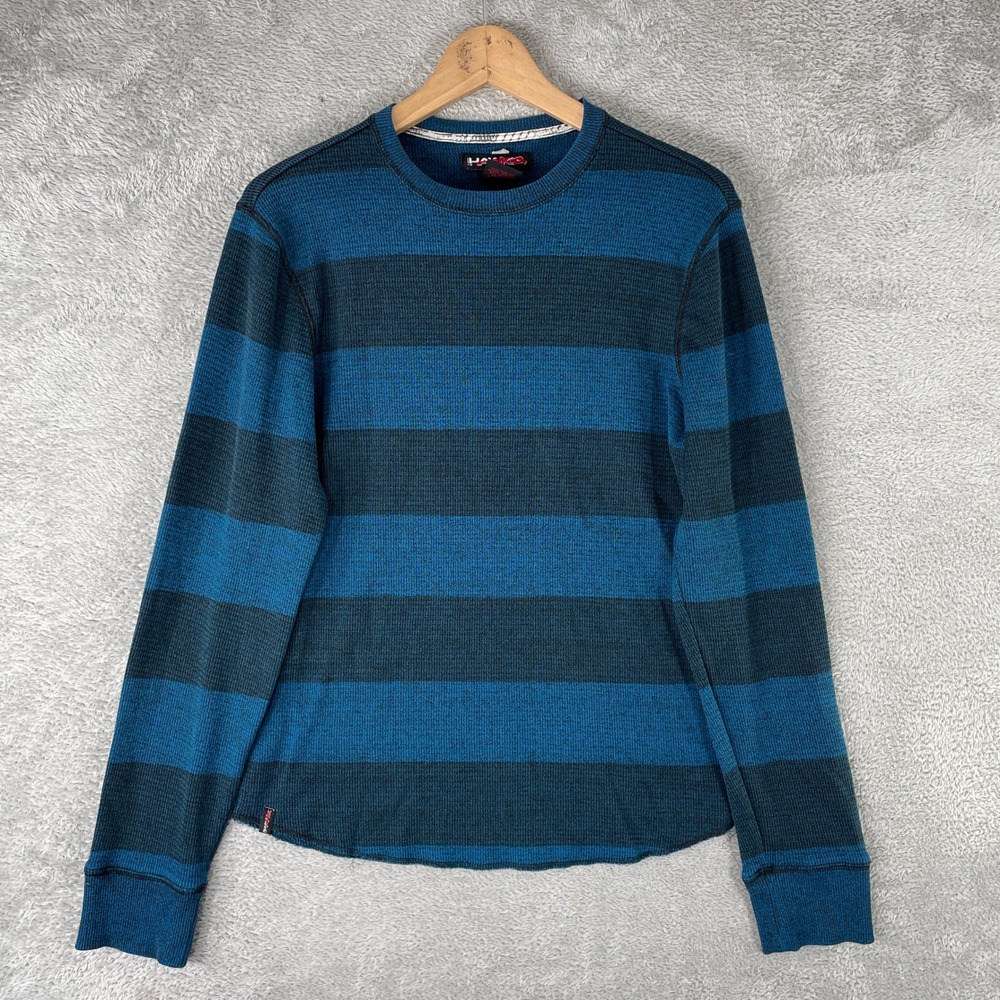 Tony Hawk Thermal Shirt Mens Medium Blue Striped Y2K Skater Grunge Long Sleeve
